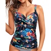 image:imageWomens Underwire Tankini Top Only Tummy Control Push Up Swimsuit Top  Twist Front Sweetheart Neckline Unremovable Cups Push Up Bra Criss Cross Back Adjustable StrapsBlack Flower