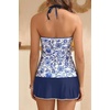 image:imageYonique 2 Piece Swimsuits for Women Halter Tankini Top with Skirt Bottom Tummy Control Bathing SuitBlue and White Porcelain