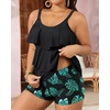 image:imageYonique Plus Size Tankini Swimsuits for Women Two Piece Ruffle Swimsuit  High Waist Shorts 3Layer Ruffle Removable Cups Adjustable StrapsBlack Leaf