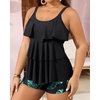 image:imageYonique Plus Size Tankini Swimsuits for Women Two Piece Ruffle Swimsuit  High Waist Shorts 3Layer Ruffle Removable Cups Adjustable StrapsBlack Leaf