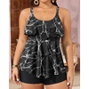 image:imageYonique Plus Size Tankini Swimsuits for Women Two Piece Ruffle Swimsuit  High Waist Shorts 3Layer Ruffle Removable Cups Adjustable StrapsBlack Marbling Print