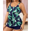image:imageYonique Plus Size Tankini Swimsuits for Women Two Piece Ruffle Swimsuit  High Waist Shorts 3Layer Ruffle Removable Cups Adjustable StrapsBlue  Green Leaf Tankini