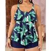 image:imageYonique Plus Size Tankini Swimsuits for Women Two Piece Ruffle Swimsuit  High Waist Shorts 3Layer Ruffle Removable Cups Adjustable StrapsBlue  Green Leaf Tankini