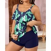 image:imageYonique Plus Size Tankini Swimsuits for Women Two Piece Ruffle Swimsuit  High Waist Shorts 3Layer Ruffle Removable Cups Adjustable StrapsBlue  Green Leaf Tankini