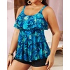 image:imageYonique Plus Size Tankini Swimsuits for Women Two Piece Ruffle Swimsuit  High Waist Shorts 3Layer Ruffle Removable Cups Adjustable StrapsBlue Green Leaf