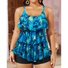 image:imageYonique Plus Size Tankini Swimsuits for Women Two Piece Ruffle Swimsuit  High Waist Shorts 3Layer Ruffle Removable Cups Adjustable StrapsBlue Green Leaf
