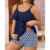 image:imageYonique Plus Size Tankini Swimsuits for Women Two Piece Ruffle Swimsuit  High Waist Shorts 3Layer Ruffle Removable Cups Adjustable StrapsNavy Blue Geometry