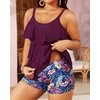image:imageYonique Plus Size Tankini Swimsuits for Women Two Piece Ruffle Swimsuit  High Waist Shorts 3Layer Ruffle Removable Cups Adjustable StrapsPurple Leaves