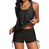 image:imageYonique Women Blouson Tankini Swimsuits Two Piece Bathing Suits with Shorts  Adjustable straps Drawstring side shorts Athletic swim set Add removable cups to customize shapeBlack Geometric