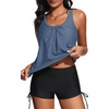 image:imageYonique Women Blouson Tankini Swimsuits Two Piece Bathing Suits with Shorts  Adjustable straps Drawstring side shorts Athletic swim set Add removable cups to customize shapeGrey Blue