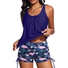 image:imageYonique Women Blouson Tankini Swimsuits Two Piece Bathing Suits with Shorts  Adjustable straps Drawstring side shorts Athletic swim set Add removable cups to customize shapeFlamingo