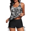 image:imageYonique Women Blouson Tankini Swimsuits Two Piece Bathing Suits with Shorts  Adjustable straps Drawstring side shorts Athletic swim set Add removable cups to customize shapeBlack  Flower