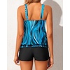 image:imageYonique Women Blouson Tankini Swimsuits Two Piece Bathing Suits with Shorts  Adjustable straps Drawstring side shorts Athletic swim set Add removable cups to customize shapeBlue Wavy Pattern