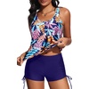 image:imageYonique Women Blouson Tankini Swimsuits Two Piece Bathing Suits with Shorts  Adjustable straps Drawstring side shorts Athletic swim set Add removable cups to customize shapeNavy and Leaves