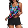 image:imageYonique Women Blouson Tankini Swimsuits Two Piece Bathing Suits with Shorts  Adjustable straps Drawstring side shorts Athletic swim set Add removable cups to customize shapeColorful Leaves