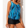 image:imageYonique Women Blouson Tankini Swimsuits Two Piece Bathing Suits with Shorts  Adjustable straps Drawstring side shorts Athletic swim set Add removable cups to customize shapeBlue Wavy Pattern