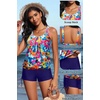 image:imageYonique Women Blouson Tankini Swimsuits Two Piece Bathing Suits with Shorts  Adjustable straps Drawstring side shorts Athletic swim set Add removable cups to customize shapeColorful Flowers