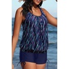 image:imageYonique Women Blouson Tankini Swimsuits Two Piece Bathing Suits with Shorts  Adjustable straps Drawstring side shorts Athletic swim set Add removable cups to customize shapeBlue and Meteor Print