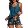 image:imageYonique Women Blouson Tankini Swimsuits Two Piece Bathing Suits with Shorts  Adjustable straps Drawstring side shorts Athletic swim set Add removable cups to customize shapeGreen and Flower