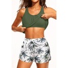 image:imageYonique Women Blouson Tankini Swimsuits Two Piece Bathing Suits with Shorts  Adjustable straps Drawstring side shorts Athletic swim set Add removable cups to customize shapeGreen Palm Tree