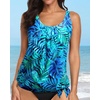 image:imageYonique Womens Blouson Tankini Swim Top Loose Fit Strappy Bathing Suit  Removable cups for custom shaping Tummy Control SwimwearBlue Leaves