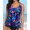 image:imageYonique Womens Blouson Tankini Swim Top Loose Fit Strappy Bathing Suit  Removable cups for custom shaping Tummy Control SwimwearBlue Purple Leaves