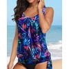 image:imageYonique Womens Blouson Tankini Swim Top Loose Fit Strappy Bathing Suit  Removable cups for custom shaping Tummy Control SwimwearBlue Purple Leaves