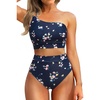 image:imageWomen High Waisted Bikini One Shoulder Two Piece Full Coverage SwimsuitsNavy Floral