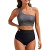 image:imageWomen High Waisted Bikini One Shoulder Two Piece Full Coverage SwimsuitsStriped
