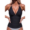 image:imageWomens Halter Tankini Top V Neck Swim Top Tummy Control Bathing Suit  Adjustable Straps Removable Cups Backless Full lining Dry Quickly Full Torso Modesty Via Long HemBlack