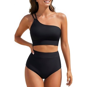 image:imageWomen High Waisted Bikini One Shoulder Two Piece Full Coverage SwimsuitsBlack