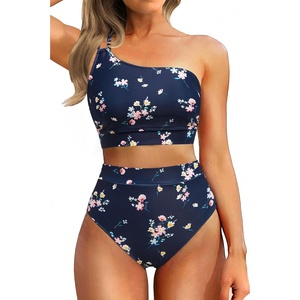 image:imageWomen High Waisted Bikini One Shoulder Two Piece Full Coverage SwimsuitsNavy Floral