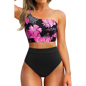 image:imageWomen High Waisted Bikini One Shoulder Two Piece Full Coverage SwimsuitsPink Floral1