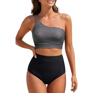 image:imageWomen High Waisted Bikini One Shoulder Two Piece Full Coverage SwimsuitsStriped