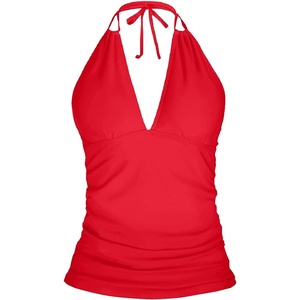 image:imageWomens Halter Tankini Top V Neck Swim Top Tummy Control Bathing Suit  Adjustable Straps Removable Cups Backless Full lining Dry Quickly Full Torso Modesty Via Long HemChili Red