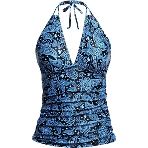 image:imageWomens Halter Tankini Top V Neck Swim Top Tummy Control Bathing Suit  Adjustable Straps Removable Cups Backless Full lining Dry Quickly Full Torso Modesty Via Long HemBlue Paisley 03