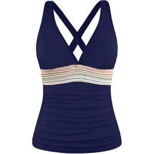 image:imageWomens Halter Tankini Top V Neck Swim Top Tummy Control Bathing Suit  Adjustable Straps Removable Cups Backless Full lining Dry Quickly Full Torso Modesty Via Long HemNavy Blue 01