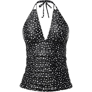 image:imageWomens Halter Tankini Top V Neck Swim Top Tummy Control Bathing Suit  Adjustable Straps Removable Cups Backless Full lining Dry Quickly Full Torso Modesty Via Long HemBlack White Dot