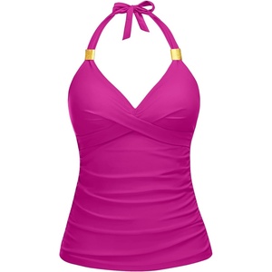 image:imageWomens Halter Tankini Top V Neck Swim Top Tummy Control Bathing Suit  Adjustable Straps Removable Cups Backless Full lining Dry Quickly Full Torso Modesty Via Long HemPurple01