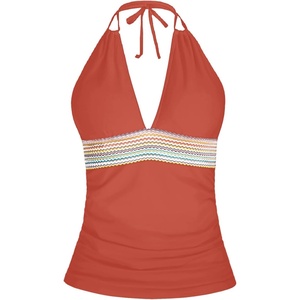 image:imageWomens Halter Tankini Top V Neck Swim Top Tummy Control Bathing Suit  Adjustable Straps Removable Cups Backless Full lining Dry Quickly Full Torso Modesty Via Long HemBrick Red