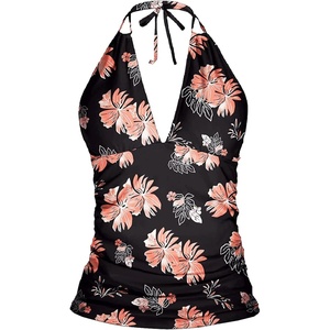 image:imageWomens Halter Tankini Top V Neck Swim Top Tummy Control Bathing Suit  Adjustable Straps Removable Cups Backless Full lining Dry Quickly Full Torso Modesty Via Long HemOrange Pink Floral
