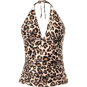 image:imageWomens Halter Tankini Top V Neck Swim Top Tummy Control Bathing Suit  Adjustable Straps Removable Cups Backless Full lining Dry Quickly Full Torso Modesty Via Long HemBrown Leopard