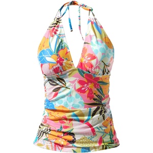 image:imageWomens Halter Tankini Top V Neck Swim Top Tummy Control Bathing Suit  Adjustable Straps Removable Cups Backless Full lining Dry Quickly Full Torso Modesty Via Long HemPink Flower