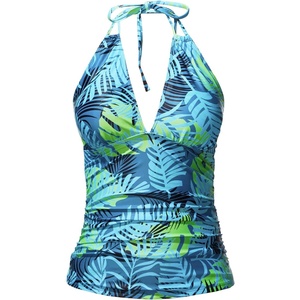 image:imageWomens Halter Tankini Top V Neck Swim Top Tummy Control Bathing Suit  Adjustable Straps Removable Cups Backless Full lining Dry Quickly Full Torso Modesty Via Long HemBlue Leaves