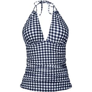 image:imageWomens Halter Tankini Top V Neck Swim Top Tummy Control Bathing Suit  Adjustable Straps Removable Cups Backless Full lining Dry Quickly Full Torso Modesty Via Long HemBlack and White Plaid