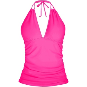 image:imageWomens Halter Tankini Top V Neck Swim Top Tummy Control Bathing Suit  Adjustable Straps Removable Cups Backless Full lining Dry Quickly Full Torso Modesty Via Long HemPink
