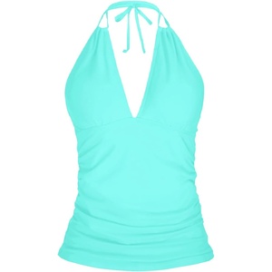 image:imageWomens Halter Tankini Top V Neck Swim Top Tummy Control Bathing Suit  Adjustable Straps Removable Cups Backless Full lining Dry Quickly Full Torso Modesty Via Long HemAqua