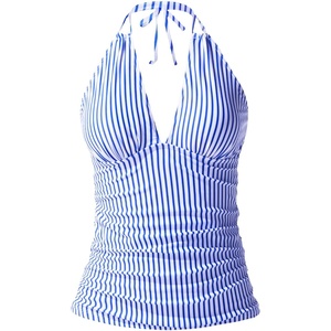 image:imageWomens Halter Tankini Top V Neck Swim Top Tummy Control Bathing Suit  Adjustable Straps Removable Cups Backless Full lining Dry Quickly Full Torso Modesty Via Long HemBlue Striped