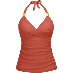 image:imageWomens Halter Tankini Top V Neck Swim Top Tummy Control Bathing Suit  Adjustable Straps Removable Cups Backless Full lining Dry Quickly Full Torso Modesty Via Long HemBrick Red01