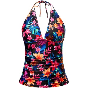 image:imageWomens Halter Tankini Top V Neck Swim Top Tummy Control Bathing Suit  Adjustable Straps Removable Cups Backless Full lining Dry Quickly Full Torso Modesty Via Long HemRed Flower